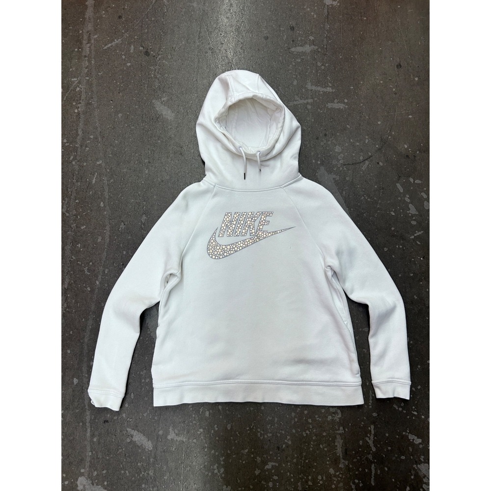 Nike Women's Hoodie Size M White Rose Gold Metallic Swoosh Logo Pullover Sweatsh